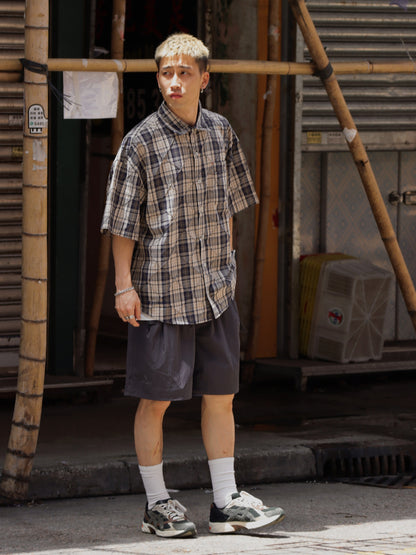 Checkered short-sleeved shirt (dark blue and gray double check)